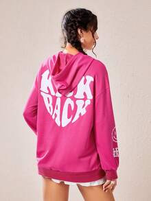SHEIN EZwear Chữ cái & Đồ họa hoạt hình Thả vai Hoodie - Hồng - Xem 4