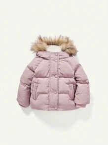 女婴斜口袋毛绒装饰连帽保暖衬里插肩袖夹棉外套 - 粉色 - 查看 4
