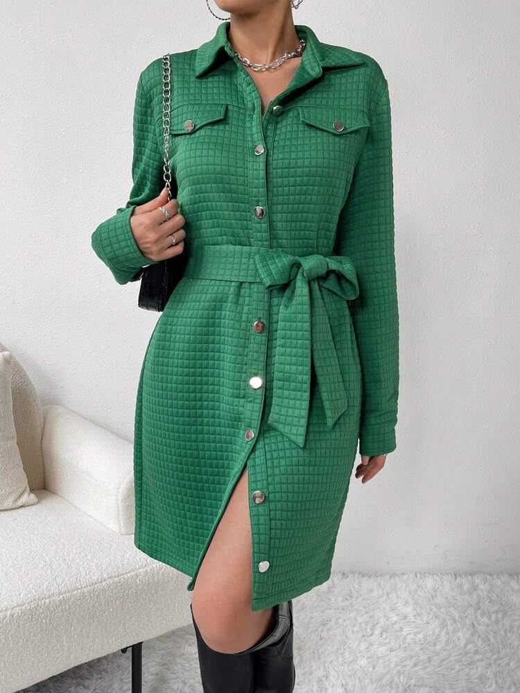 Flap Detail Belted Shirt Dress