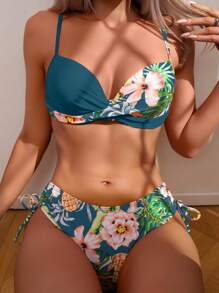 Swim Lushoire Summer Beach Tropical Print Push Up Bikini Set - Multicolor - View 1