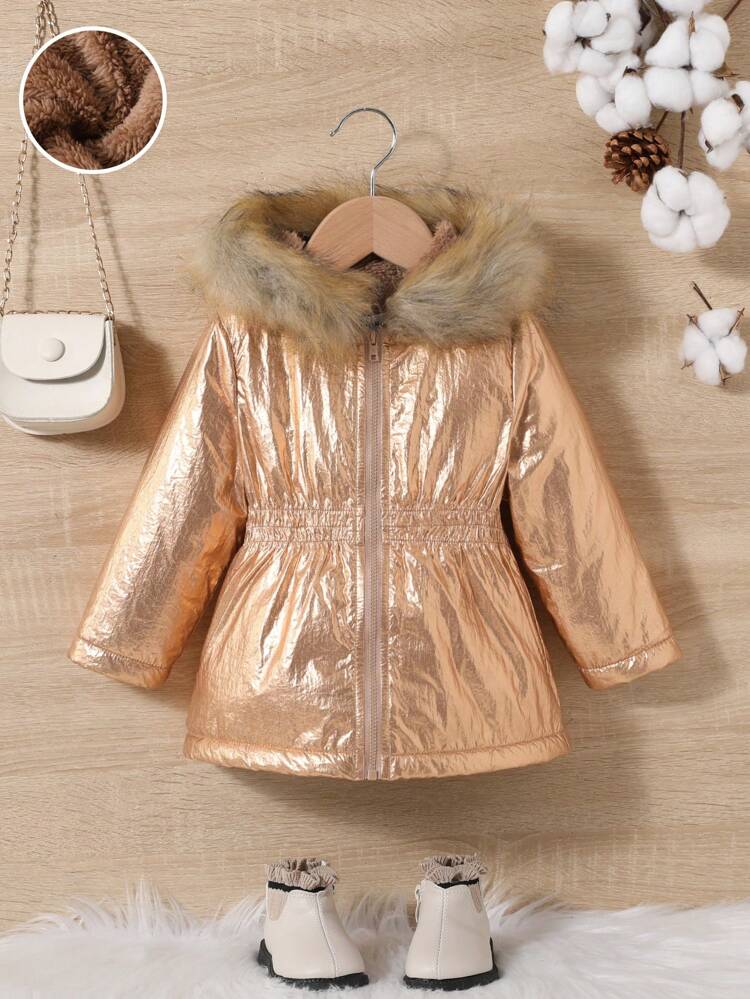 Baby Girl Fuzzy Trim Hooded Padded Coat
