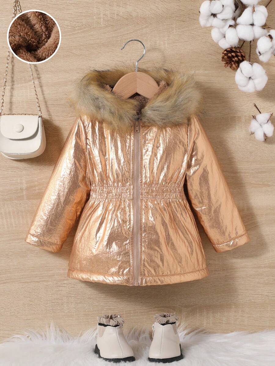 SHEIN Baby Girl Fuzzy Trim Hooded Padded Coat - Khaki - View 1