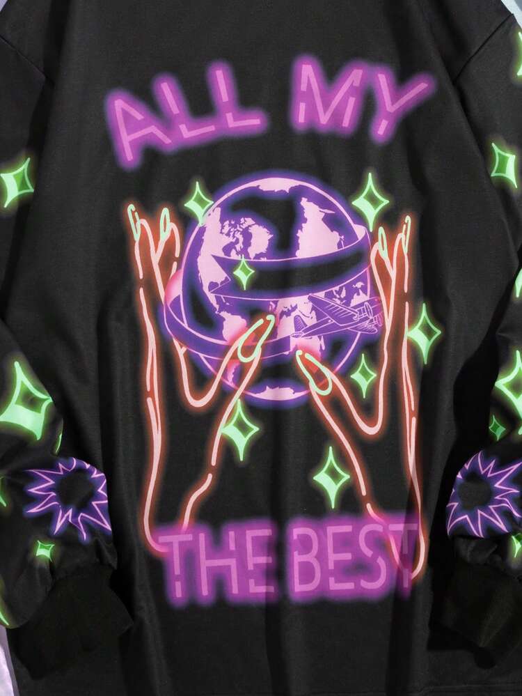 Letter & Hand Graphic Drop Shoulder Sweatshirt Pullover Fall Sweatshirt