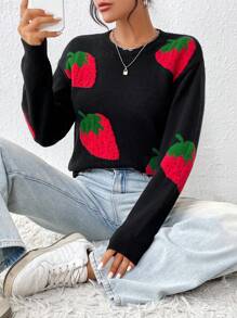 SHEIN Unity Áo len chui đầu dáng rộng vai rớt họa tiết dâu tây, thích hợp cho mùa thu đông. - Nhiều màu - Xem 5