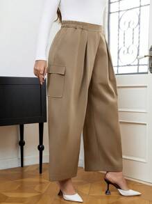 Calvaya Plus Plicated Detail Wide Leg Pants - Khaki - View 4