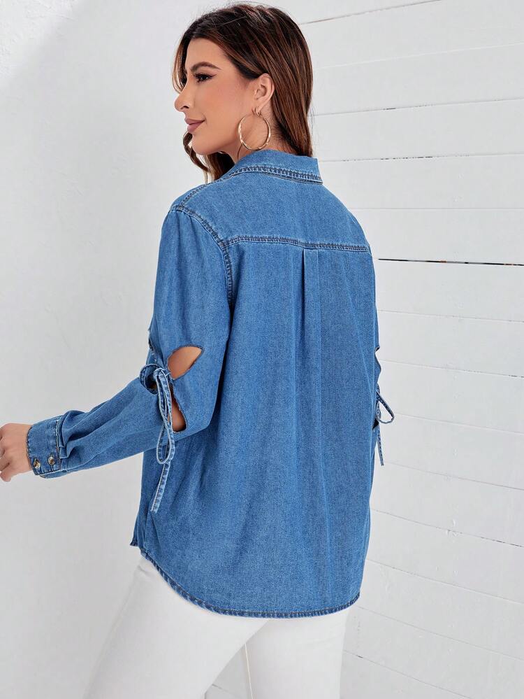 Cut Out Knot Detail Denim Top Fall Cloth For Women