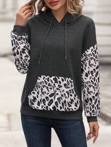 SHEIN Frenchy In hoa Báo Túi kangaroo Thả vai Dây rút Hoodie - Màu xám đen - Xem 5