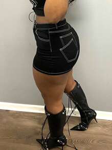 Top-stitching Bodycon Denim Skirt - Black - View 2
