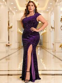 大码女式高开叉闪光晚礼服（大量装饰） - 紫色 - 查看 4
