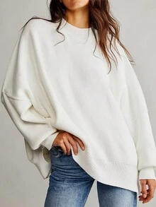 Solid Drop Shoulder Sweater,Long Sleeve Tops Casual White - White - View 4
