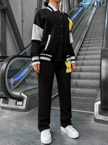 EURMUSE 2pcs/Set Women Crew Neck Letter Print Colorblock Long Sleeve Jacket And Slim Fit Pants - Black - View 4