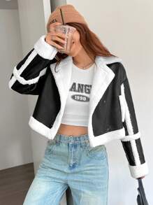 SHEIN EZwear Teddy Lined Zip Up Crop Jacket - Black and White - View 4