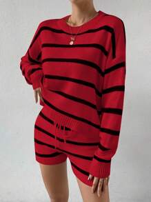 SHEIN Essnce Striped Pattern Drop Shoulder Sweater & Drawstring Waist Knit Shorts - Multicolor - View 6