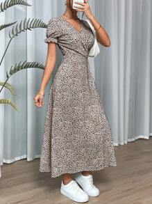 SHEIN VCAY Ditsy Floral Print Knot Side Wrap Dress - Coffee Brown - View 5