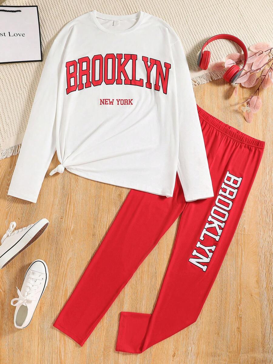 Thiếu niên cô gái Đồ họa Chữ cái Áo thun và Leggings - Đỏ và trắng - Xem 1