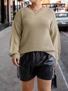 SHEIN LUNE Plus Drop Shoulder Sweater Knit Pullover Fall Winter Sweater - Khaki - View 5