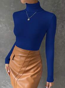 EURMUSE Jersey de cuello alto ajustado de unicolor casual, otoño/invierno - azul real - Ver 6