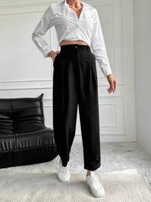 RueChic High Waist Button Detail Suit Pants - Black - View 4
