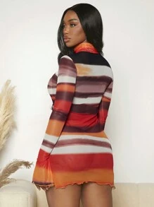 Slaydiva Colorblock Mock Neck Flounce Sleeve Lettuce Trim Mesh Bodycon Dress - Multicolor - View 4