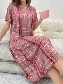 Plaid Print Half Button Pajama Nightdress Long Dress, Moo Moo Sleep Dress - Rose Red - View 3