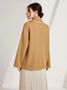 Modelyn Contrast Binding Dual Pocket Tassel Trim Button Front Coat - Khaki - View 2