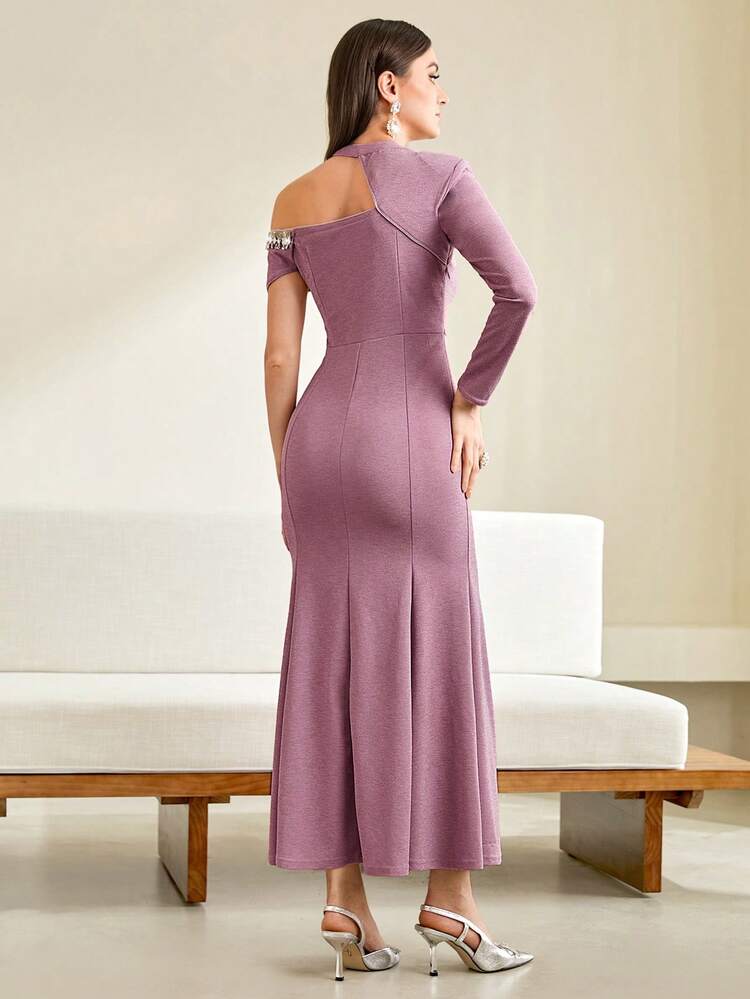 Asymmetrical Neck Rhinestone Detail Mermaid Hem Dress Without Belt Long Evening Dresses