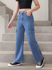 SHEIN Quần Jeans Jeans Ống Thẳng Giặt Thường Ngày Tiện Dụng Cho Bé Gái Tuổi Teen - Rửa tối - Xem 4