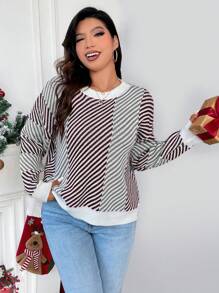SHEIN Clasi 圣诞条纹图案落肩针织套头衫秋冬毛衣 - 彩色 - 查看 4