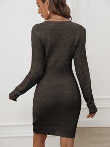 SHEIN Clasi Solid Cable Knit Sweater Dress - Coffee Brown - View 2