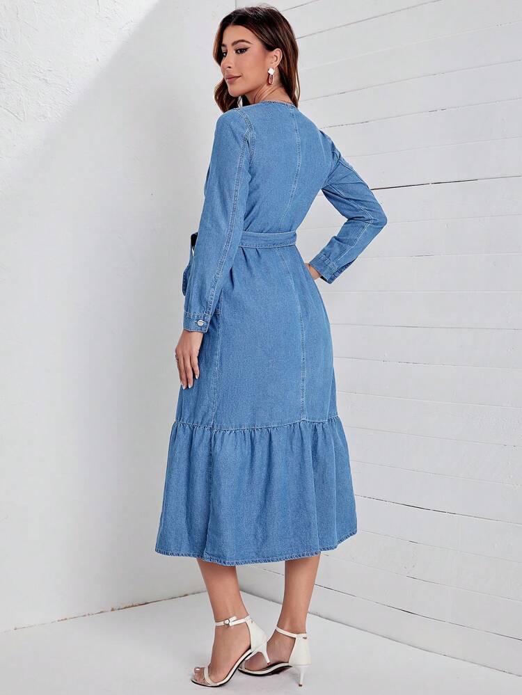 Ruffle Hem Belted Denim Dress