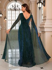 Cloak Sleeve Split Thigh Glitter Formal Dress Elegant Prom Evening Wedding Guest Gown, For Graduation, Dinner Party Dress, Bride Dress, Birthday Women Outfits