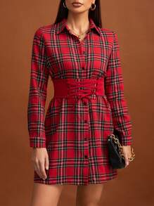 SHEIN Tall Tartan Print Lace Up Front Shirt Dress - Red - View 1