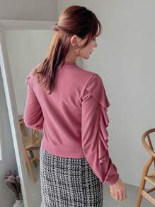 FRIFUL Chất rắn Viền Ruffle Tay áo Đèn lồng Cổ giả Áo nỉ - Màu Hồng Tươi - Xem 2