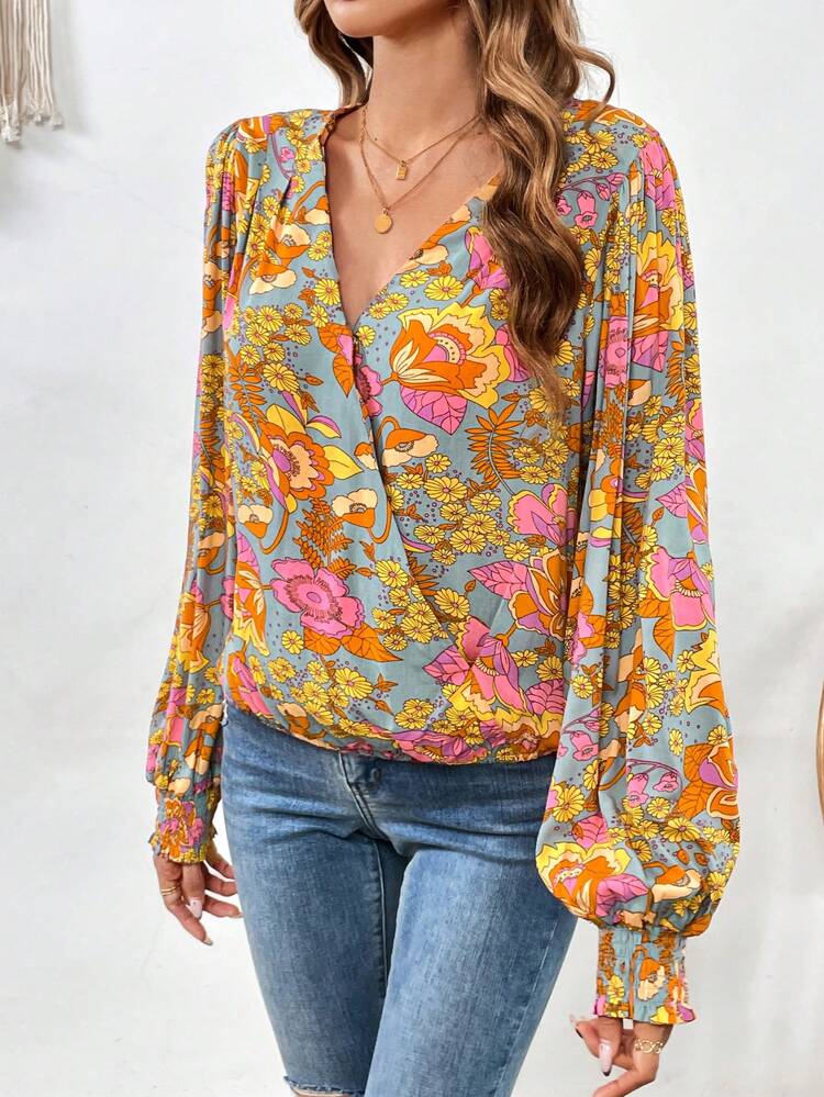 Floral Print Surplice Neck Lantern Sleeve Blouse
