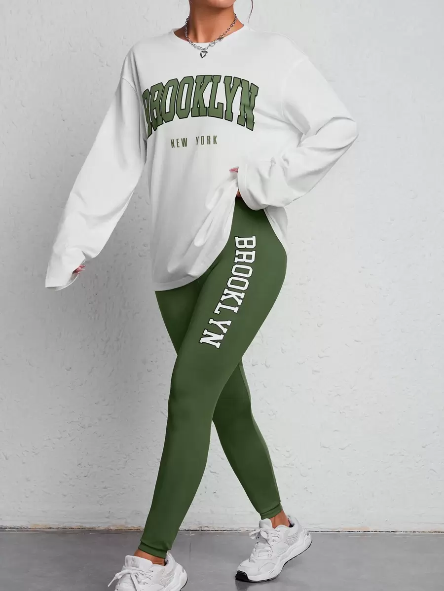 SHEIN PETITE 春天女性裝扮信件圖形下垂肩t恤和緊身褲 - 橄欖綠 - 查看 1