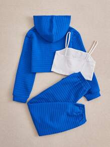 SHEIN Tween Girl Solid Cami Top & Pants & Zipper Up Hoodie - Royal Blue - View 2