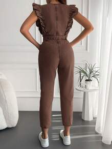 EURMUSE Women's Denim Overalls With Ruffle Hem Design - Brown - View 2