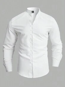 Manfinity Men's Loose Fit Solid Color Button Up Shirt , Slim Long Sleeve Plain All White Work - White - View 1