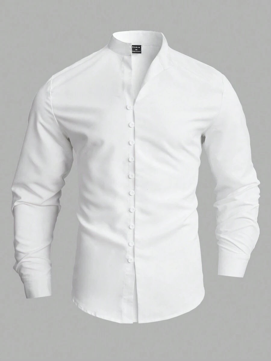Manfinity Men's Loose Fit Solid Color Button Up Shirt , Slim Long Sleeve Plain All White Work - White - View 1