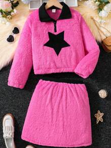 SHEIN Tween Girl Star Pattern Contrast Collar Flannel Half Zip Teddy Top & Skirt - Hot Pink - View 1