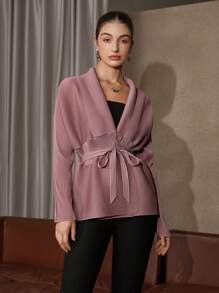青果領蝙蝠袖腰帶外套 - 粉色 - 查看 6