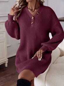 SHEIN LUNE Button Detail Drop Shoulder Sweater Dress - Burgundy - View 4