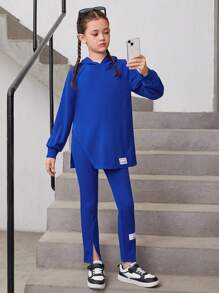 Cô gái Tween Thư được vá Tay Raglan áo có mũ Áo & Viền chia cắt Quần - Nhiều màu - Xem 1