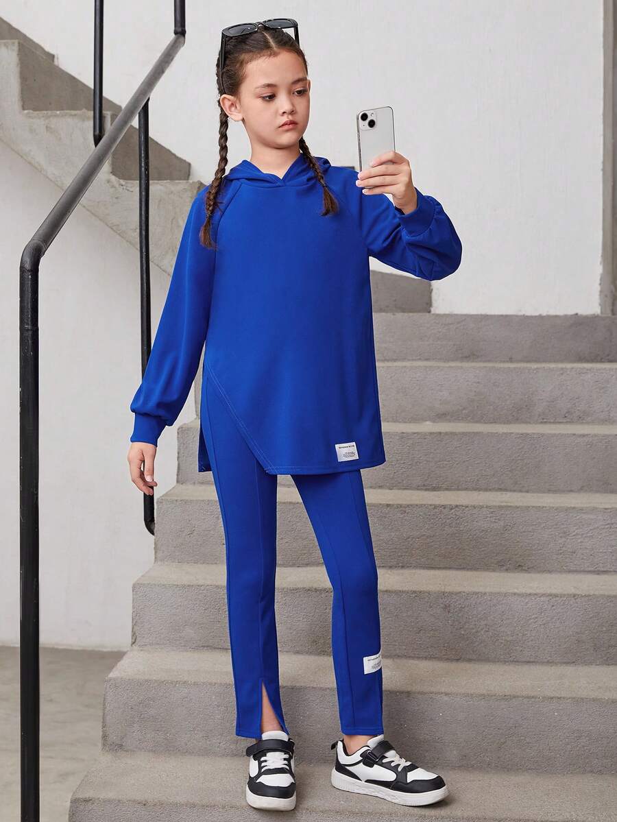 Cô gái Tween Thư được vá Tay Raglan áo có mũ Áo & Viền chia cắt Quần - Nhiều màu - Xem 1