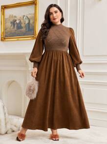 Mulvari Plus Mock Neck Lantern Sleeve Dress - Coffee Brown - View 1