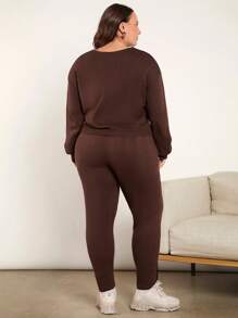 SHEIN BASICS Talla grande Jersey de hombros caídos & Pantalones de cintura con cordón tejido - Café integral - Ver 2