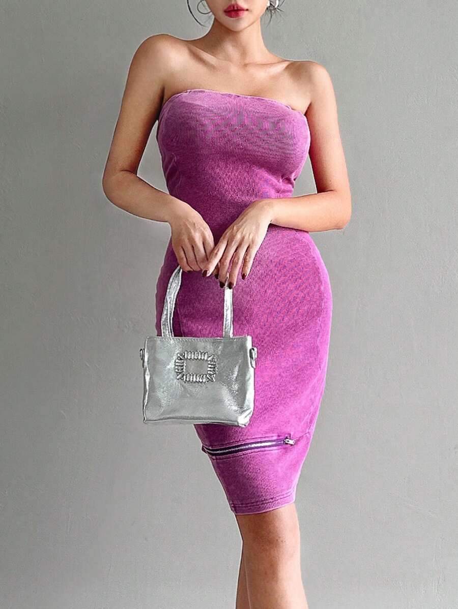 SHEINNeu 拉鏈細節抹胸緊身連衣裙 - 紫色 - 查看 1