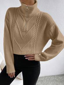 SHEIN Frenchy Cable Knit Quarter Zip Drop Shoulder Sweater - Khaki - View 5