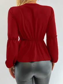 RueChic Surplice Neck Lantern Sleeve Peplum Blouse - Red - View 2