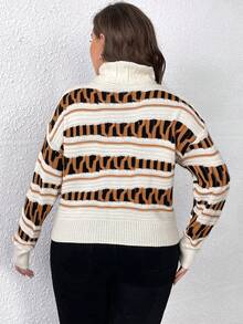 Celure 大碼條紋圖案&幾何圖案高領落肩袖套頭毛衣 - 彩色 - 查看 2